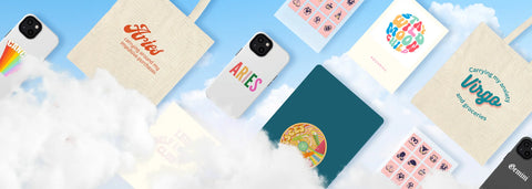 Desk + Office products floating on cloud background