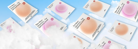 Moon ceremony guides and journals on floating blue sky background