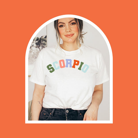Scorpio pastel text varsity shirt