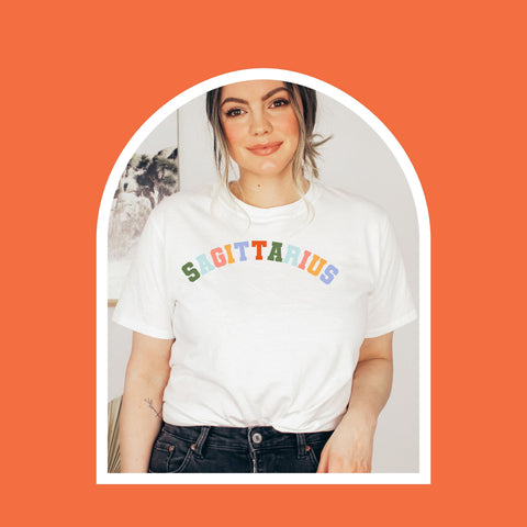 Sagittarius pastel text varsity shirt