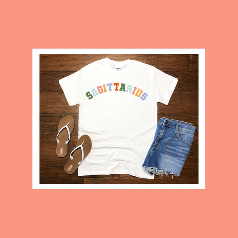 Sagittarius pastel text varsity shirt