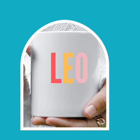 Leo 11 ounce multi-color text mug