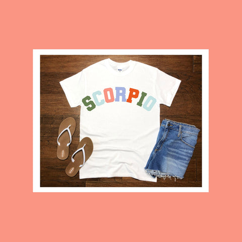 Scorpio pastel text varsity shirt