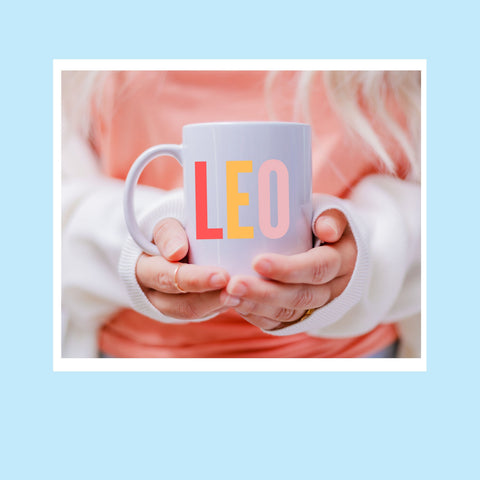 Leo 11 ounce multi-color text mug
