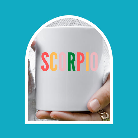 Scorpio 11 ounce multi-color text mug