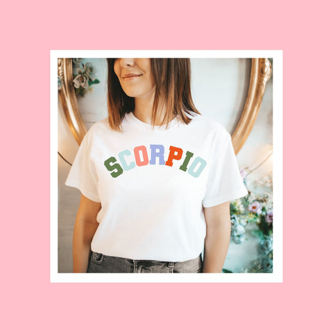 Scorpio pastel text varsity shirt