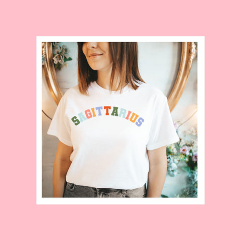 Sagittarius pastel text varsity shirt