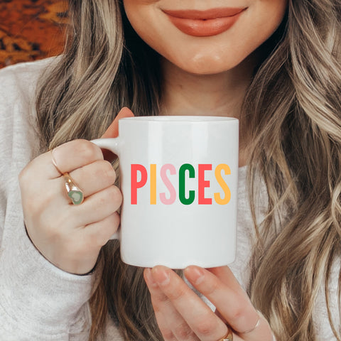 Pisces 11 ounce multi-color text mug