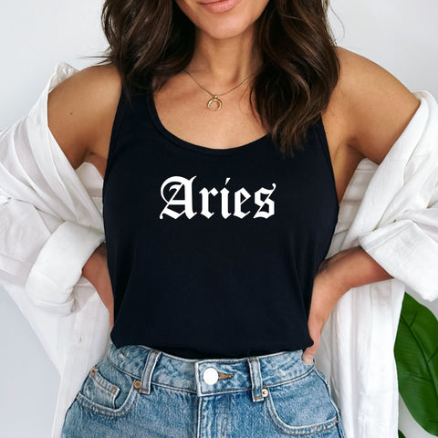 Aries black gothic old English razor back tank