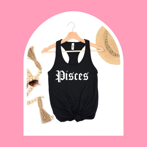 Pisces black gothic old English razor back tank