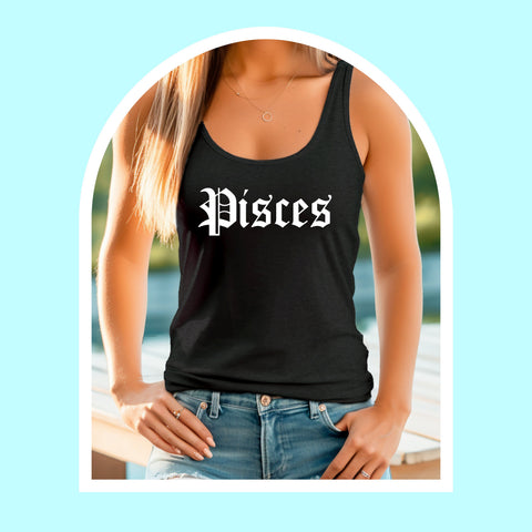 Pisces black gothic old English razor back tank