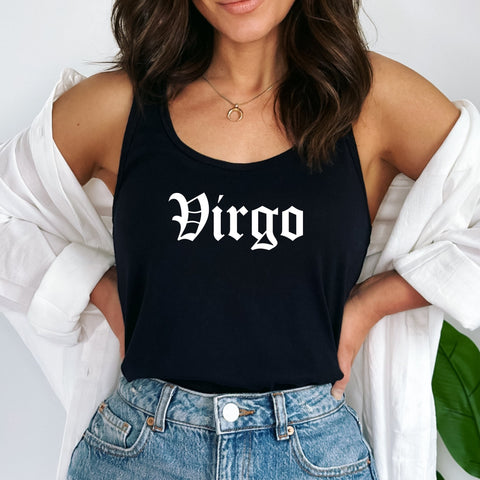 Virgo black gothic old English razor back tank