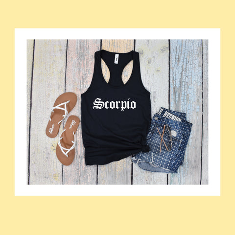 Scorpio black gothic old English razor back tank