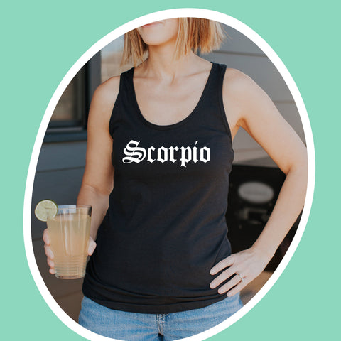 Scorpio black gothic old English razor back tank