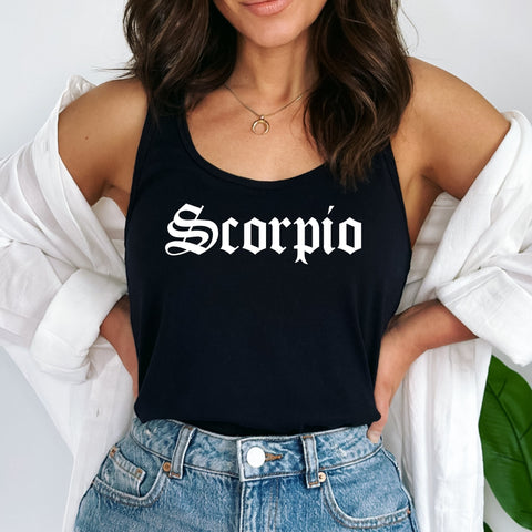 Scorpio black gothic old English razor back tank