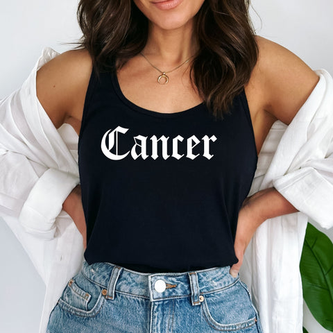 Cancer black gothic old English razor back tank
