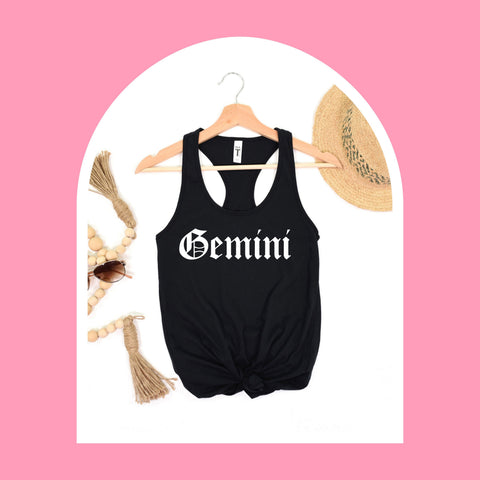 Gemini black gothic old English razor back tank