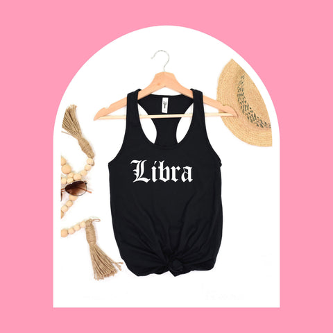 Libra black gothic old English razor back tank
