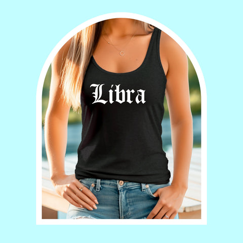 Libra black gothic old English razor back tank