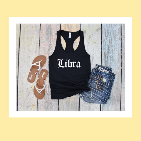 Libra black gothic old English razor back tank