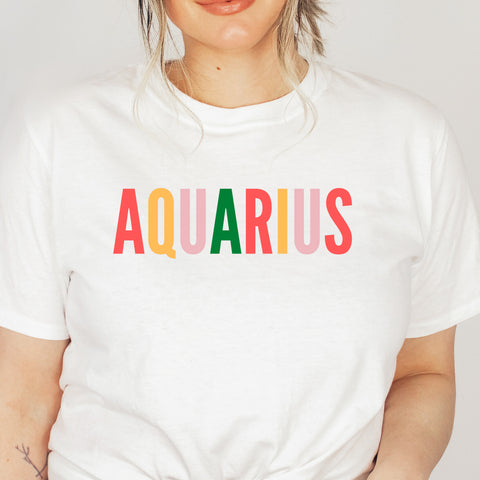 Aquarius multi-color text shirt