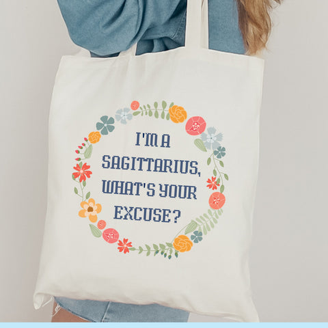 “I’m a Sagittarius, what’s your excuse” pastel cottage core tote bag