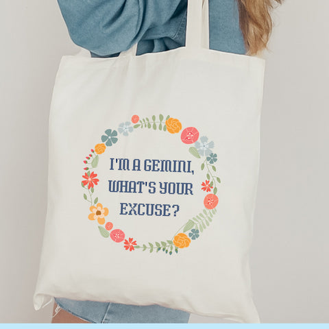 “I’m a Gemini, what’s your excuse” pastel cottage core tote bag