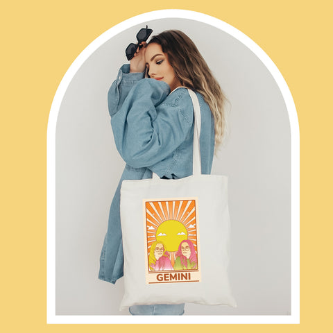 Gemini groovy tarot card tote bag