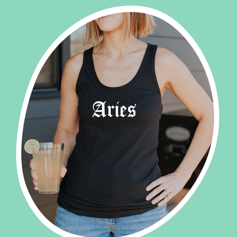Aries black gothic old English razor back tank