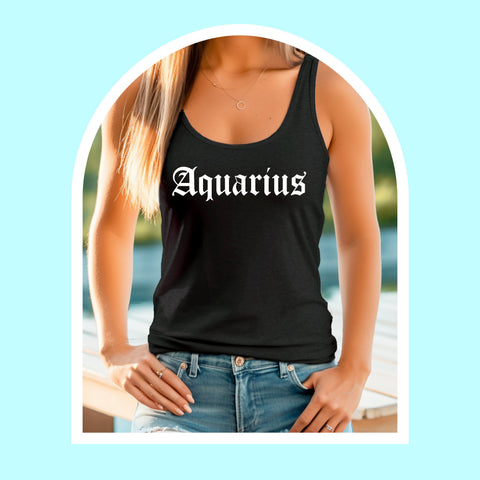 Aquarius black gothic old English razor back tank
