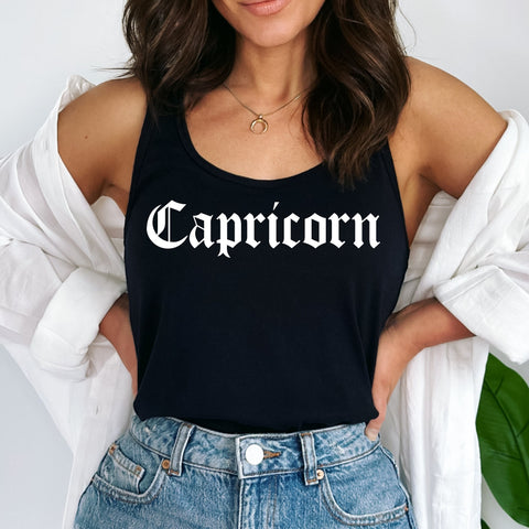 Capricorn black gothic old English razor back tank