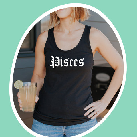 Pisces black gothic old English razor back tank
