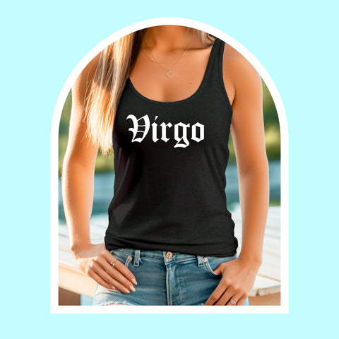 Virgo black gothic old English razor back tank