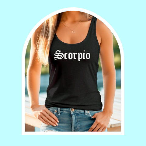 Scorpio black gothic old English razor back tank