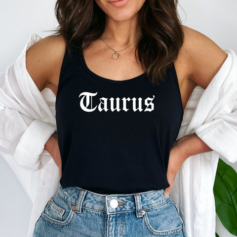Taurus black gothic old English razor back tank