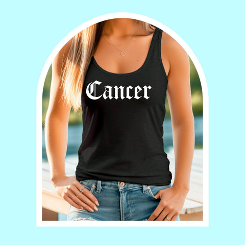 Cancer black gothic old English razor back tank