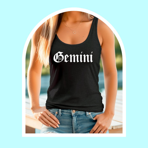 Gemini black gothic old English razor back tank