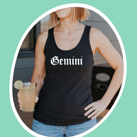 Gemini black gothic old English razor back tank