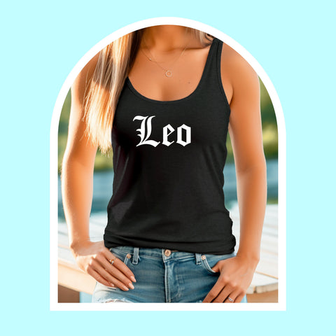 Leo black gothic old English razor back tank