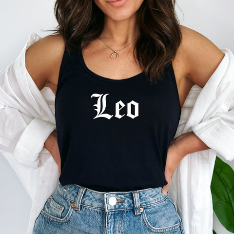 Leo black gothic old English razor back tank