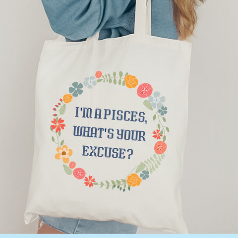 “I’m a Pisces, what’s your excuse” pastel cottage core tote bag