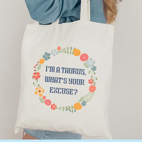 “I’m a Taurus, what’s your excuse” pastel cottage core tote bag