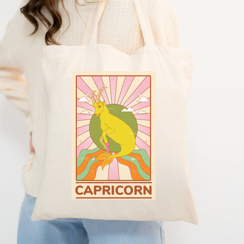 Capricorn groovy tarot card tote bag