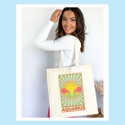 Aquarius groovy tarot card tote bag
