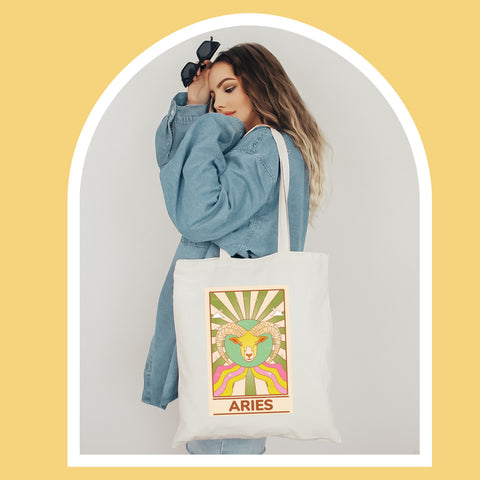 Aries groovy tarot card tote bag