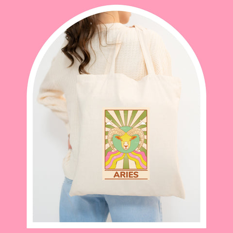 Aries groovy tarot card tote bag