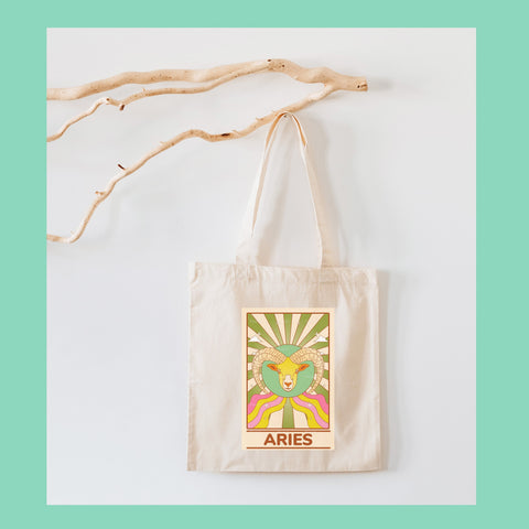 Aries groovy tarot card tote bag